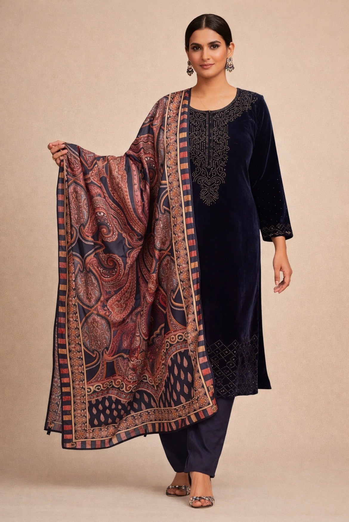 Woman wearing a navy blue outfit with a patterned scarf on a beige background