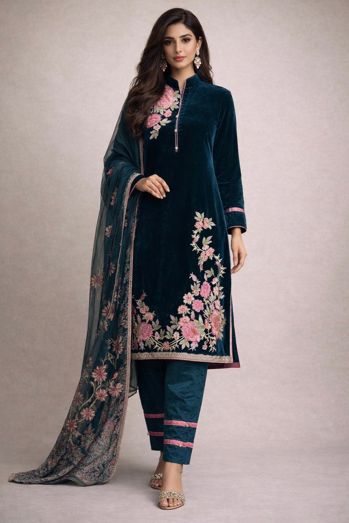Woman wearing a dark blue embroidered outfit with a matching dupatta on a plain background
