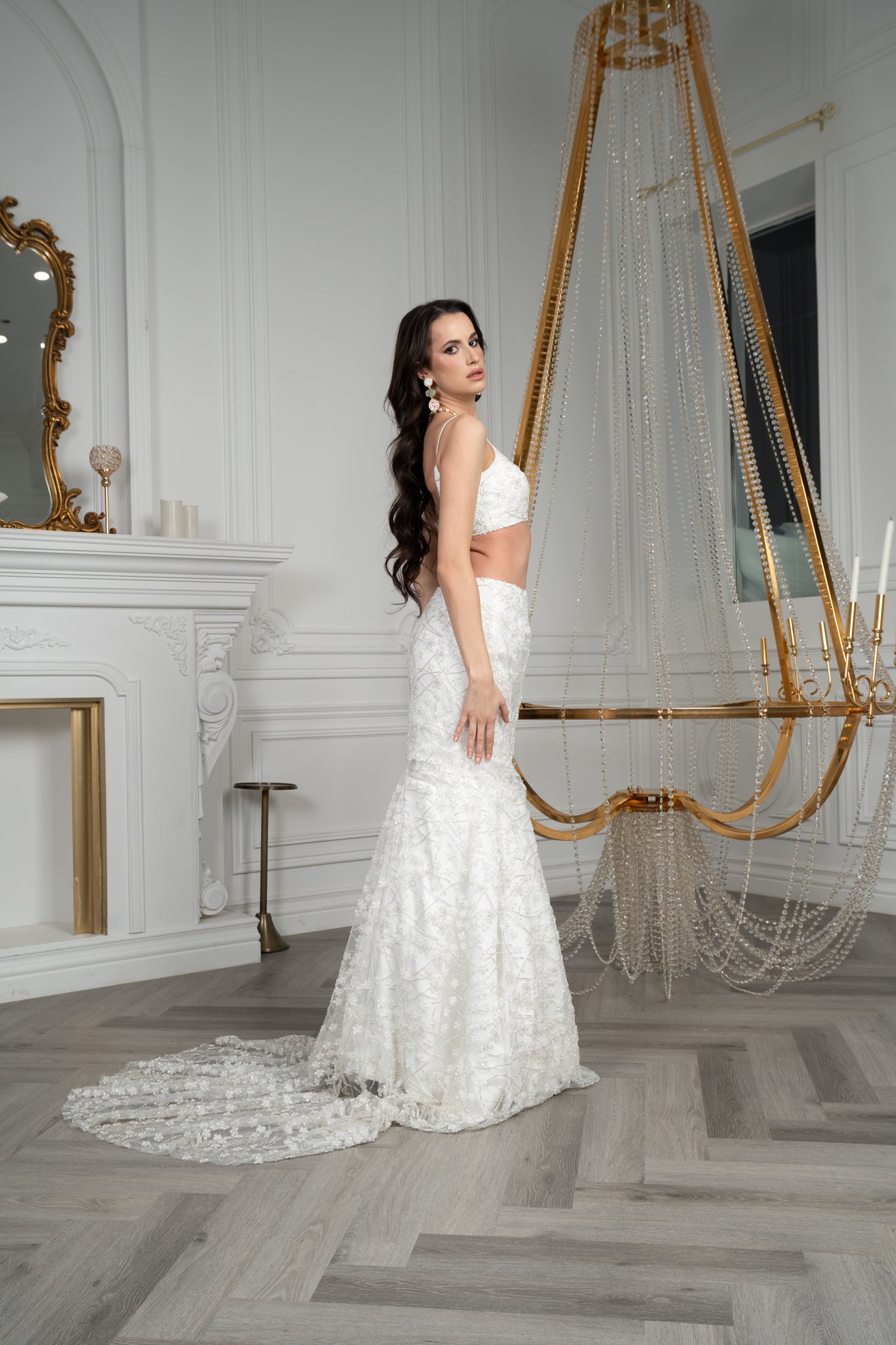 White Crystal and Pearl Lahenga/Cape Set