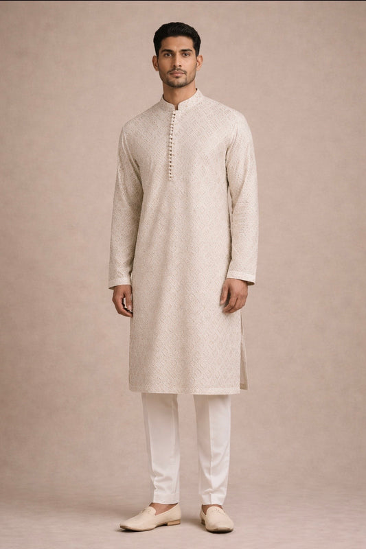 Festive Cream Lucknowi Men’s Kurta