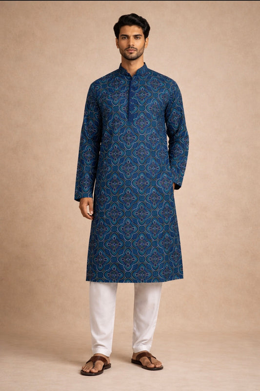 Blue & Yellow Bandhani Men's Kurta