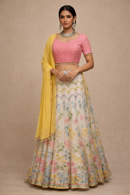 Woman wearing a pink blouse and floral lehenga with a yellow dupatta against a beige background