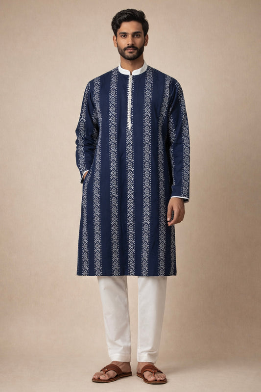 Blue & White Bandhani Men's Kurta