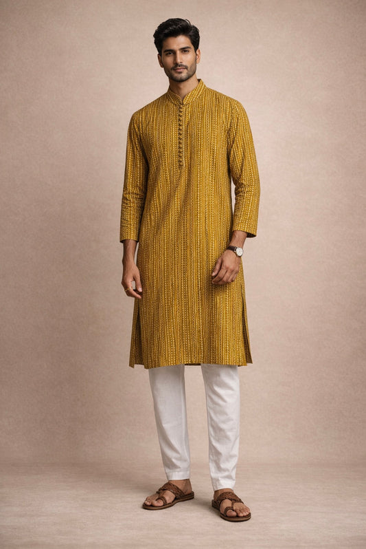 Mustard Printed Men's Kurta