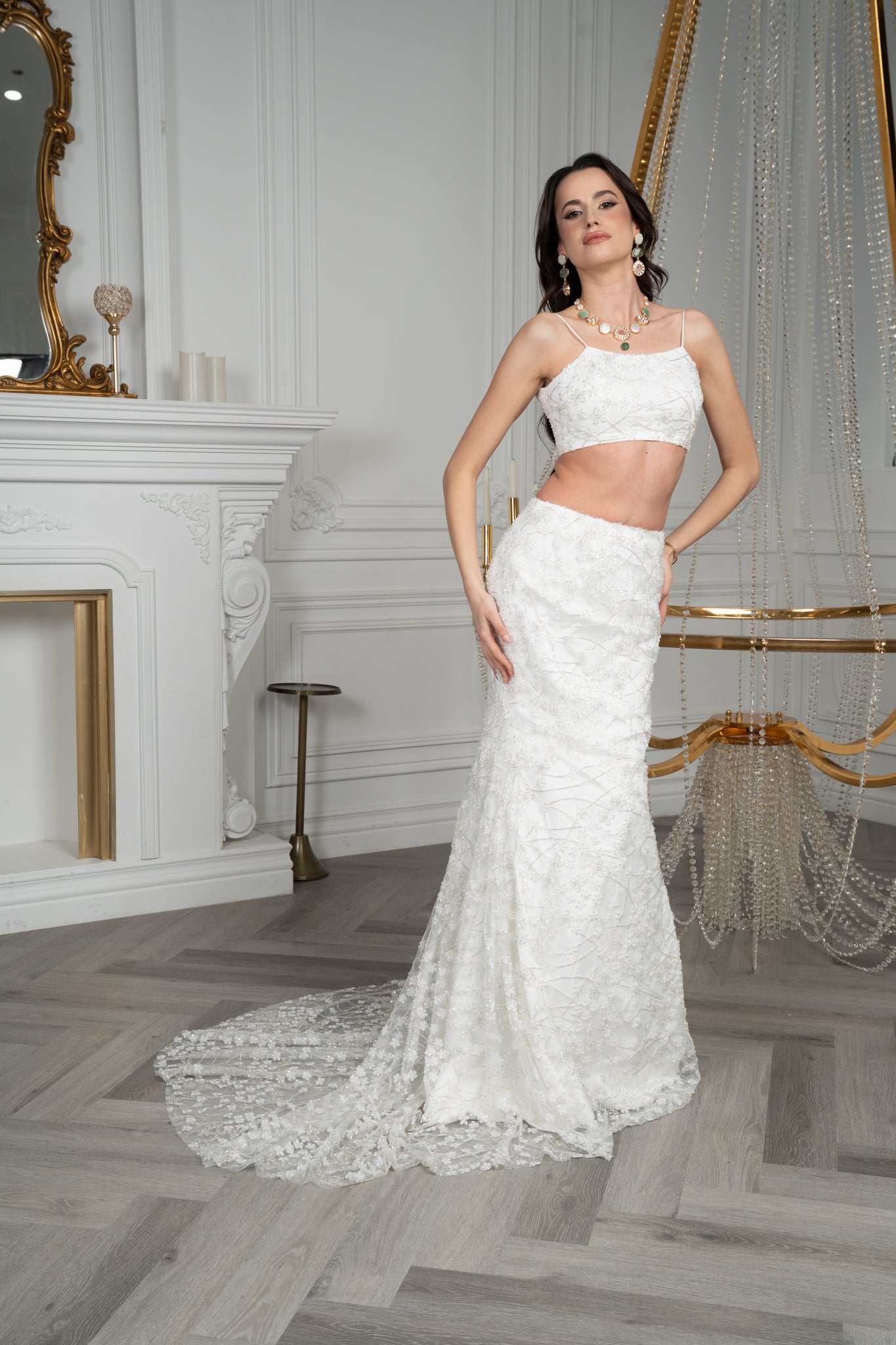 White Crystal and Pearl Lahenga/Cape Set