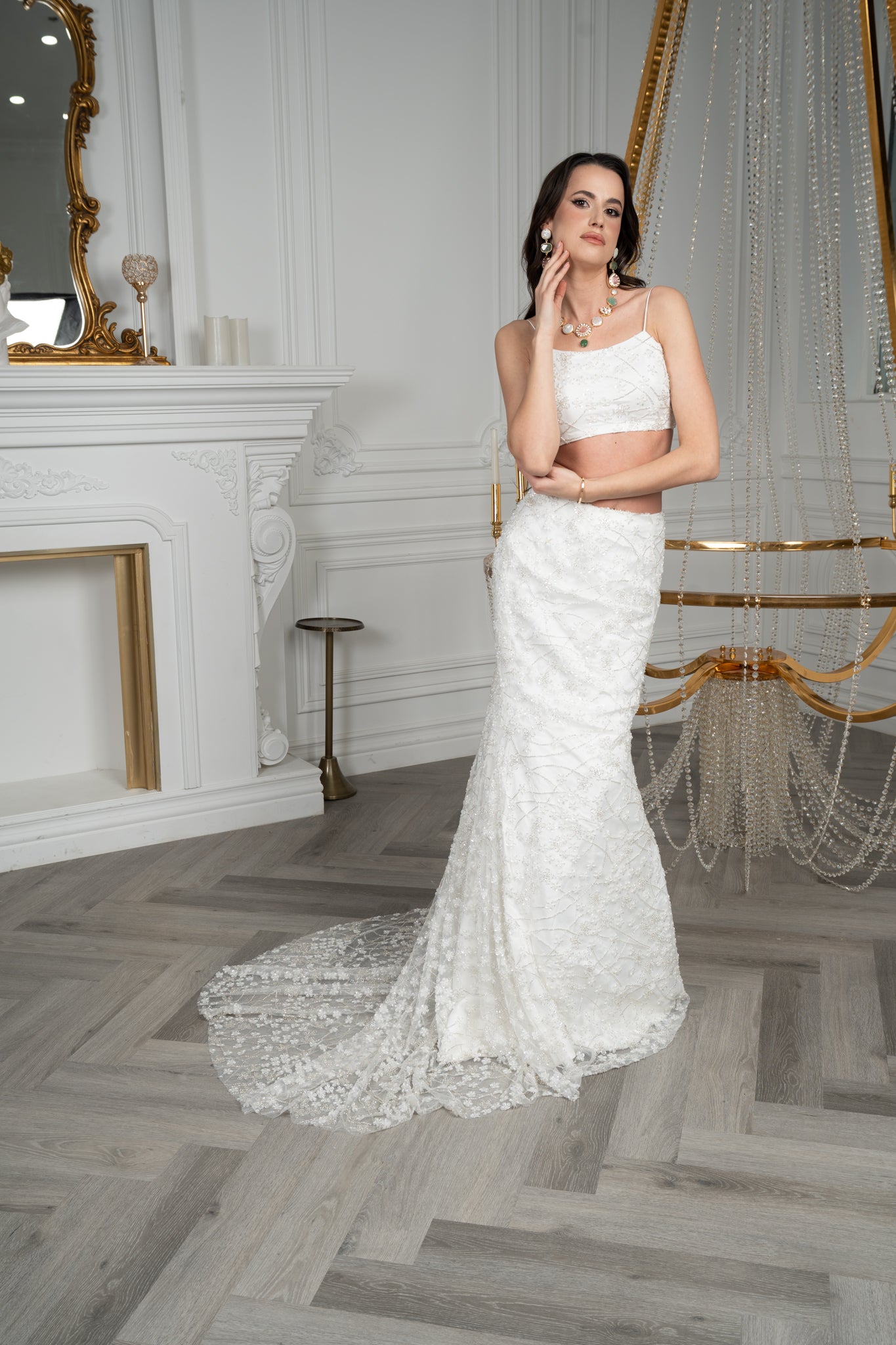 White Crystal and Pearl Lahenga/Cape Set