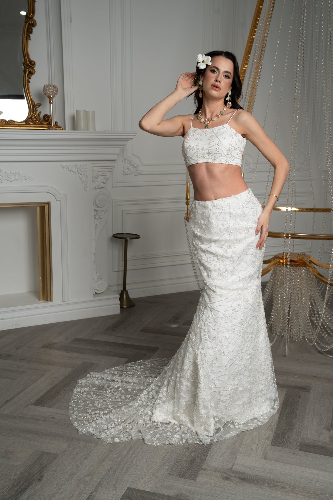 White Crystal and Pearl Lahenga/Cape Set