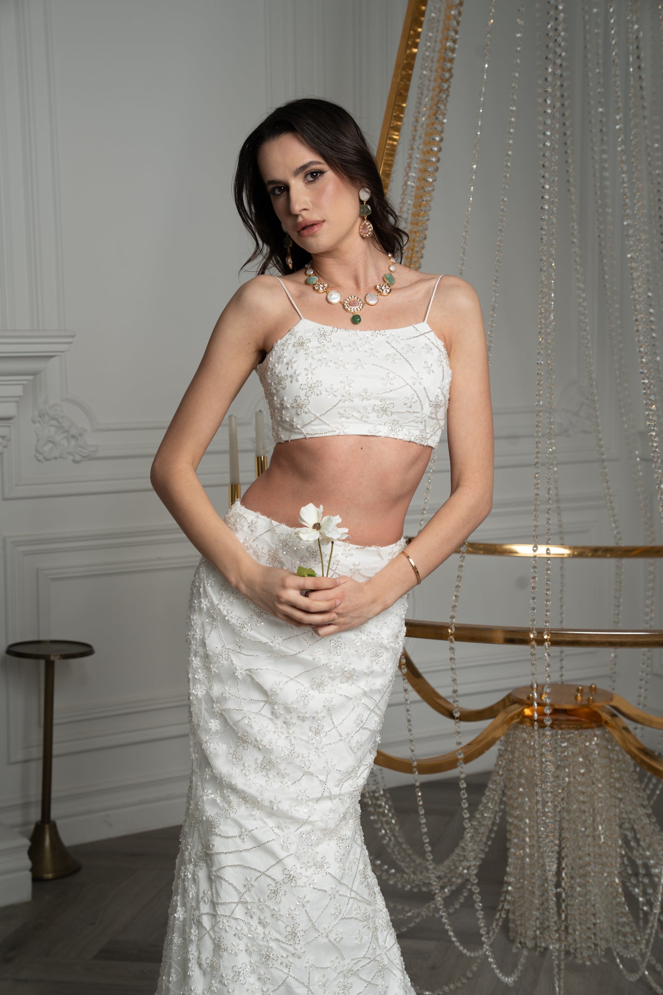 White Crystal and Pearl Lahenga/Cape Set