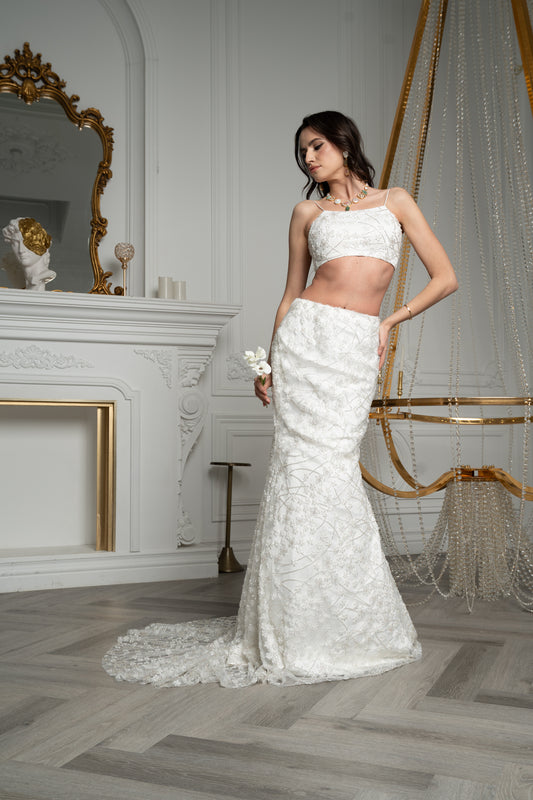 White Crystal and Pearl Lahenga/Cape Set