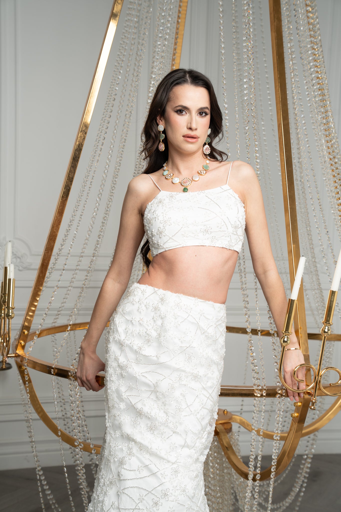 White Crystal and Pearl Lahenga/Cape Set
